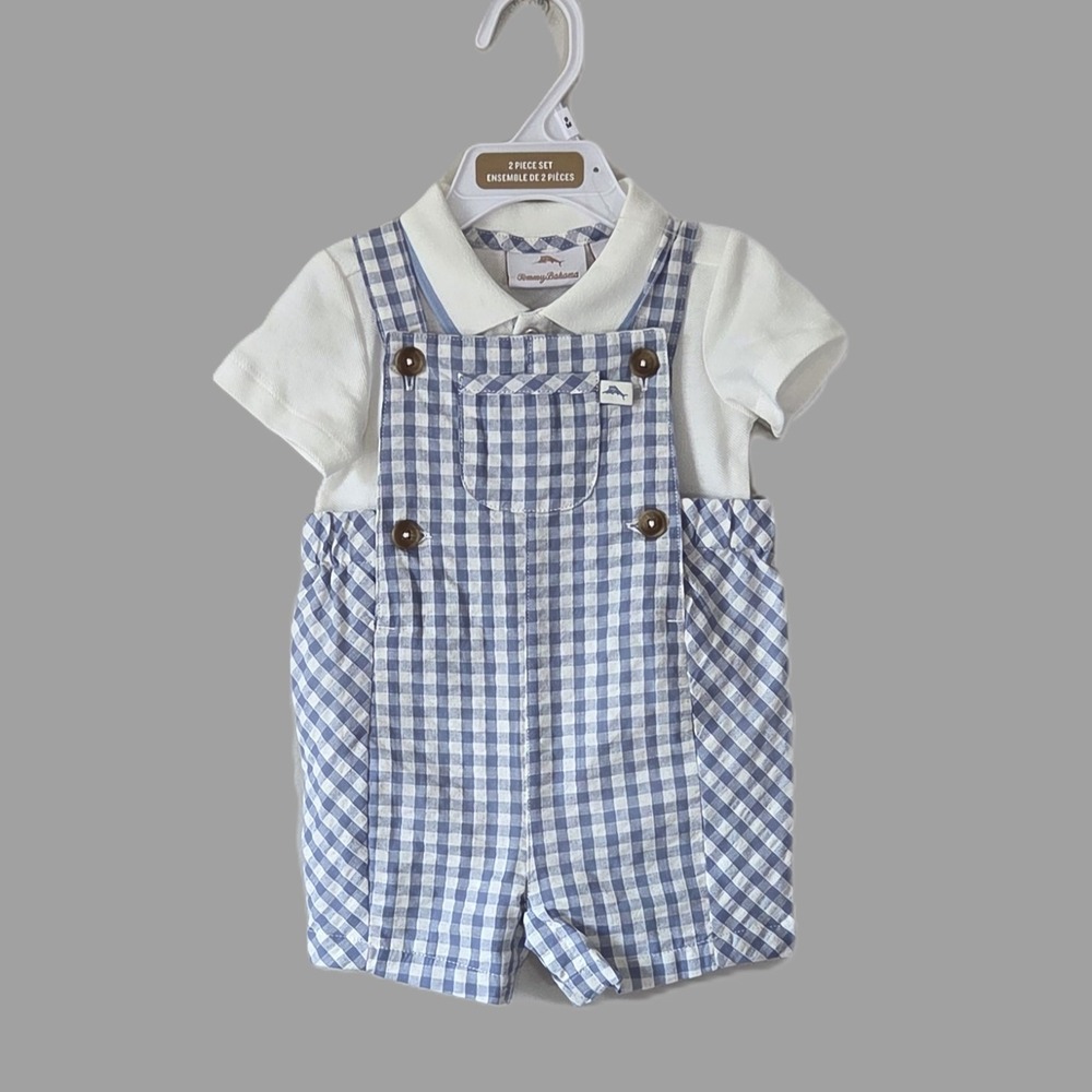 Tommy Bahama Baby Boy NWT 2pc Gingham Overalls & Polo Set Size 6-9 Months